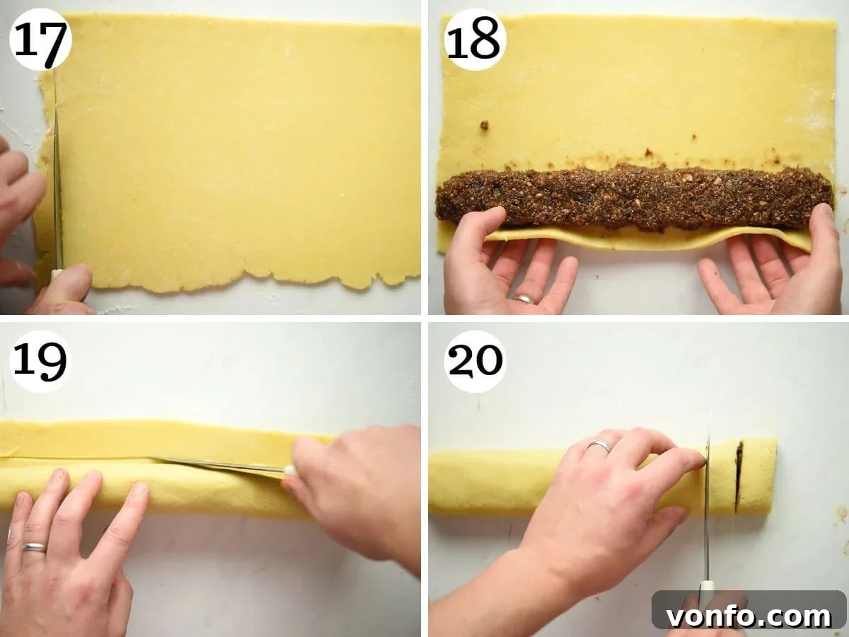 Four photos in a collage showing how to roll the Cuccidati into a log.