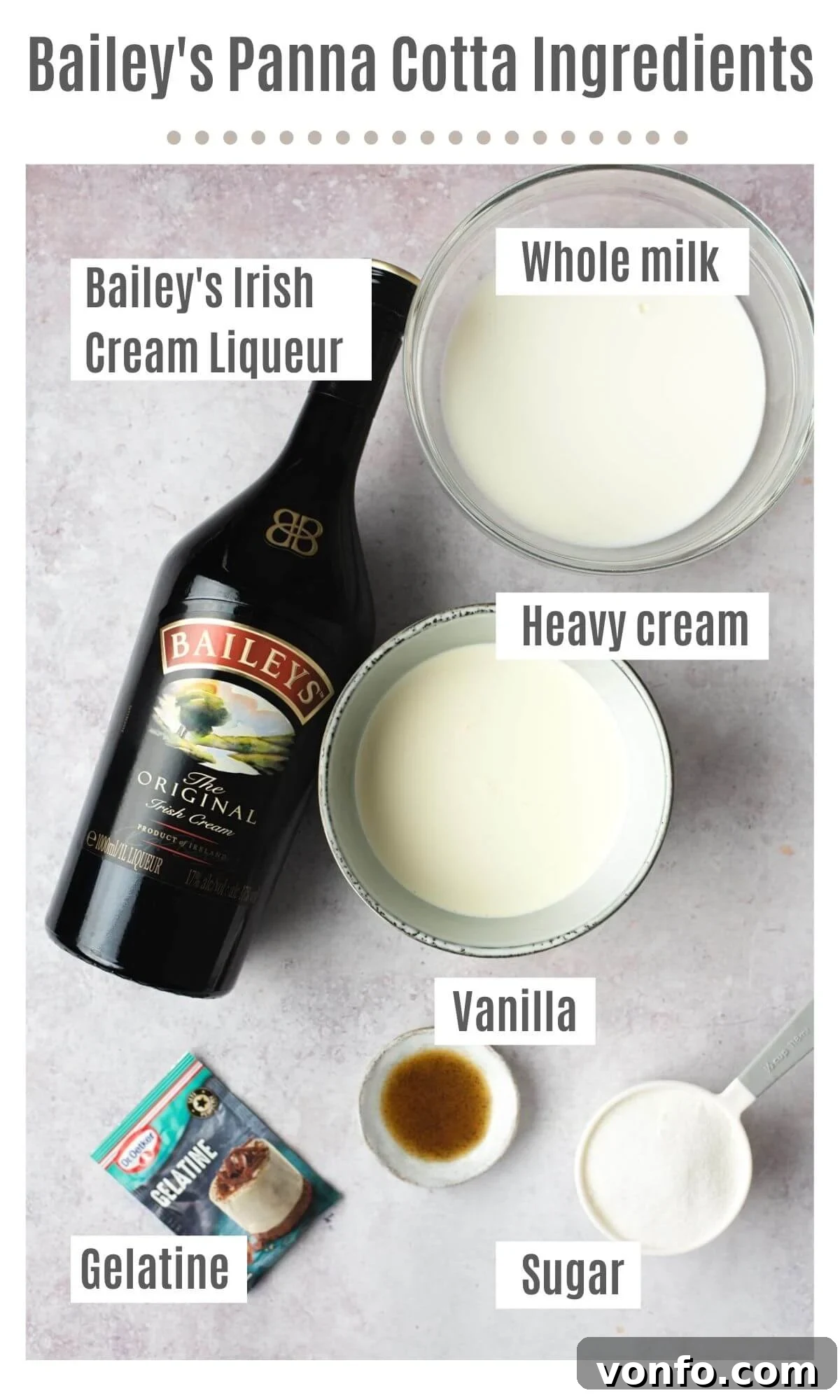 An overhead shot of all the ingredients you need to make a Bailey's panna cotta