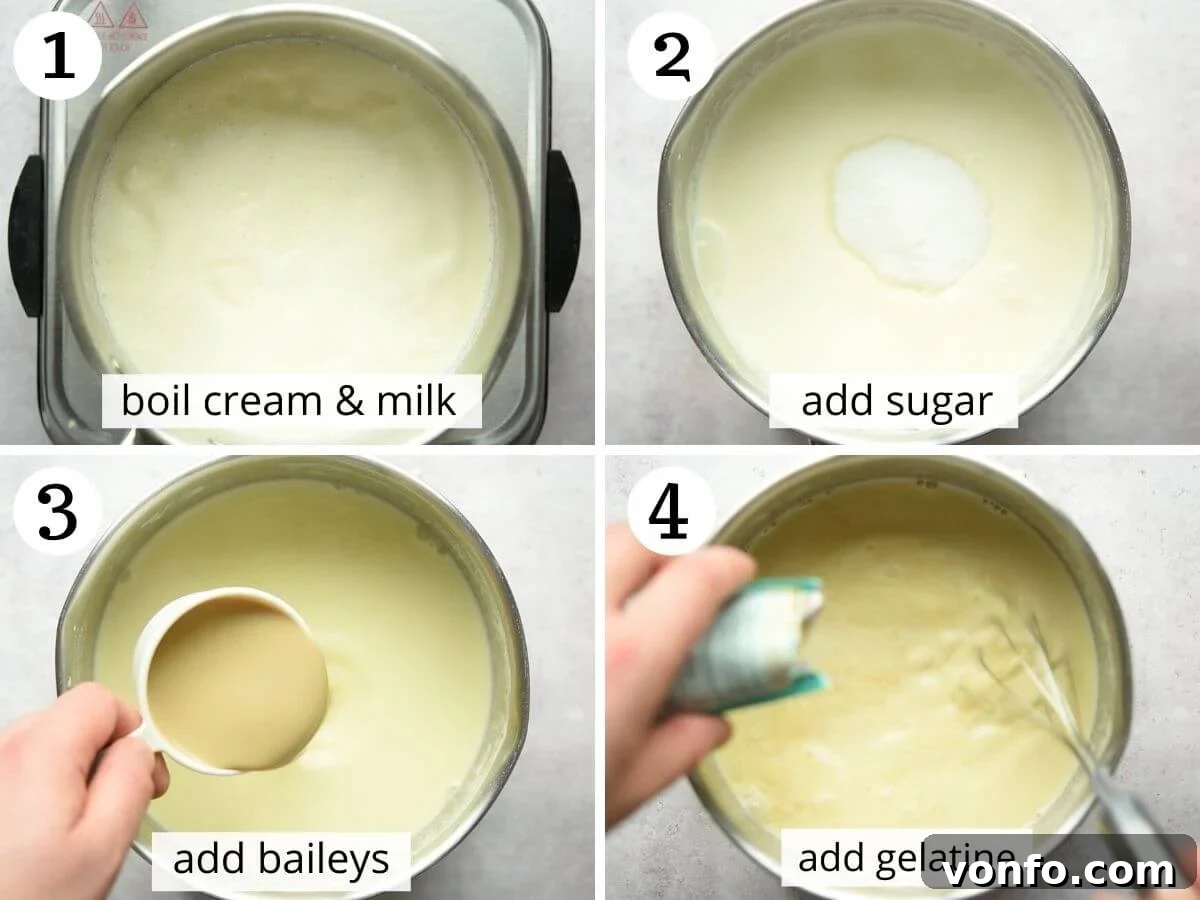 Step by step photos showing how to make baileys panna cotta