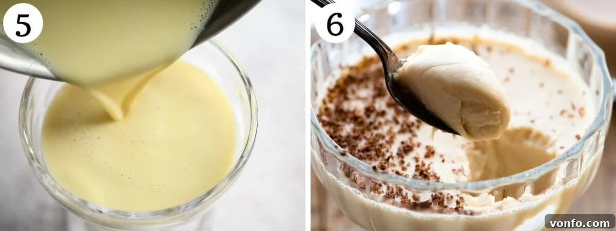 Two photos showing before and after a panna cotta has set