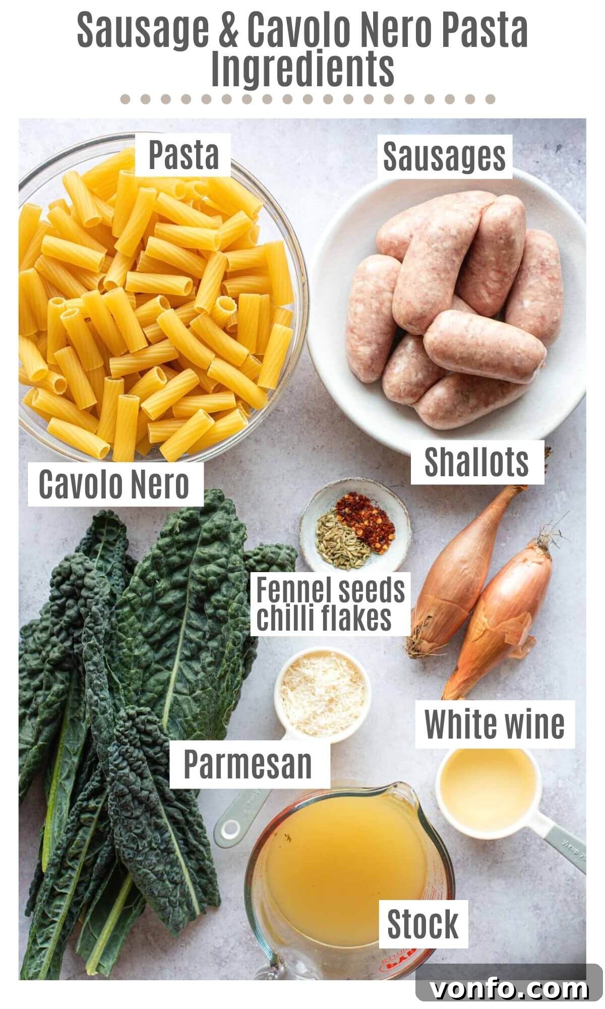 An overhead shot displaying all the fresh ingredients needed to prepare a hearty sausage and cavolo nero pasta, including raw sausage, fresh kale, shallots, and spices.
