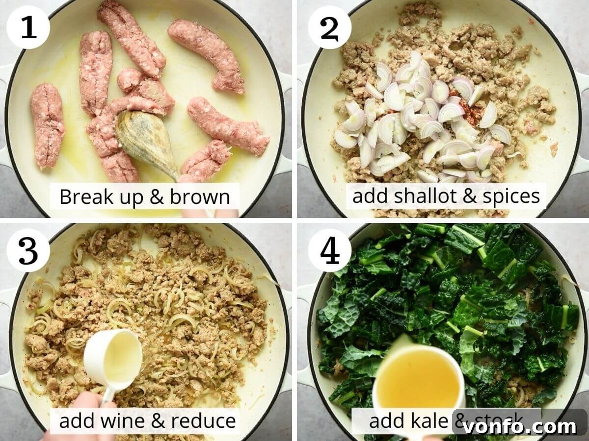 Step-by-step photos illustrating how to brown Italian sausage and sauté shallots and spices for a pasta sauce, showing the development of rich flavors.