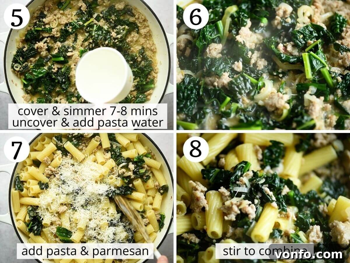 Step-by-step photos demonstrating how to cook Cavolo Nero (kale) until tender and combine it with the sausage sauce, preparing it for the pasta.