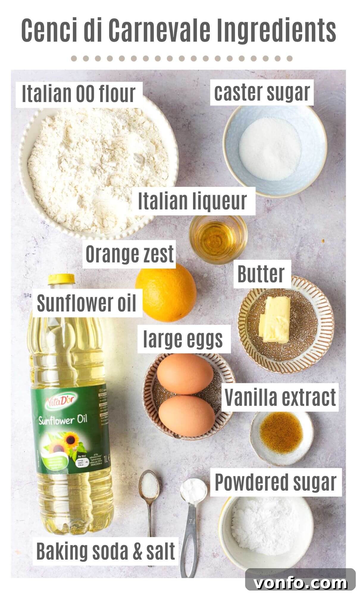 Cenci Italian Carnival Fritters 3 An overhead shot of all the ingredients you need to make Italian carnival pastries