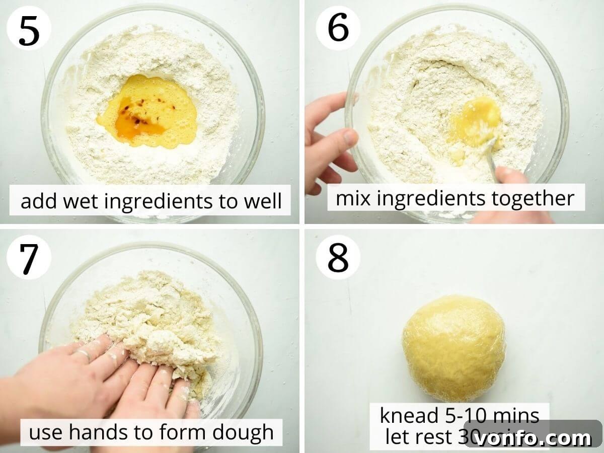 Cenci Italian Carnival Fritters 5 Step by step photos showing how to add wet ingredients to form a dough