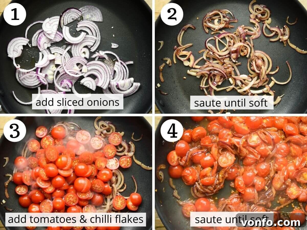 Quick Tuna Pasta with Burst Tomatoes and Briny Capers 4 Step-by-step photos illustrating how to properly sauté onions and then add tomatoes for the pasta sauce base.