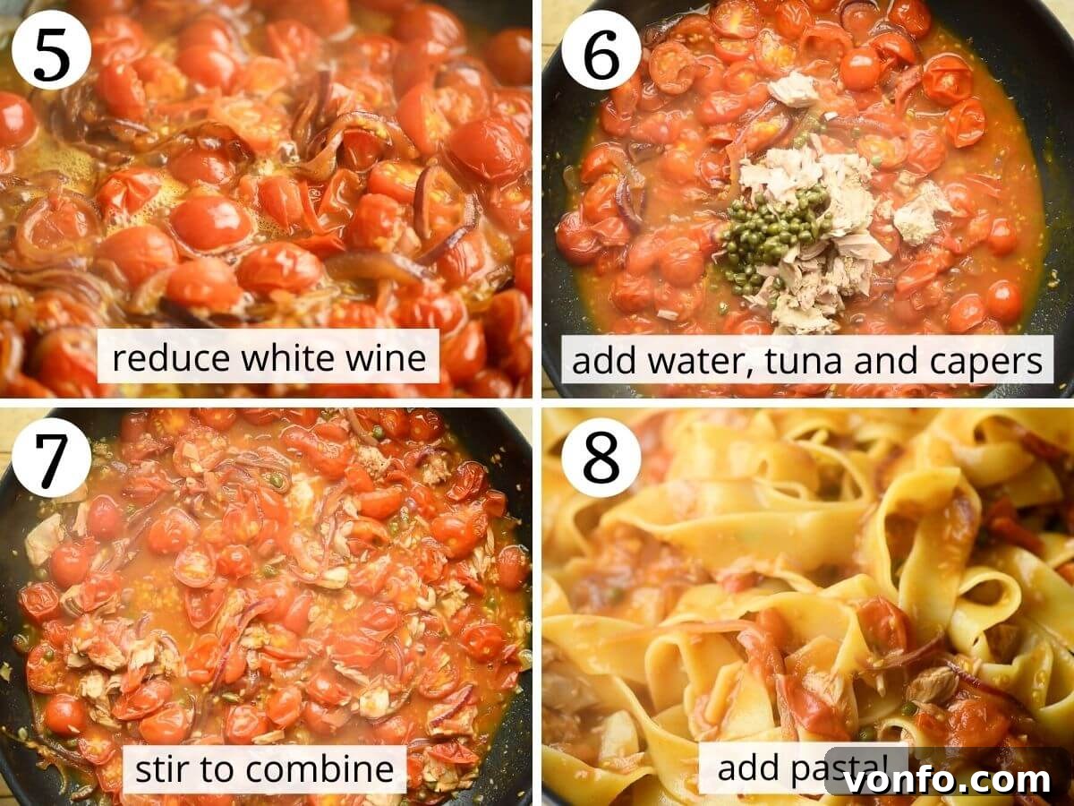 Quick Tuna Pasta with Burst Tomatoes and Briny Capers 5 Step-by-step photos showing the process of building the tuna pasta sauce, including adding white wine and cooking the pasta.