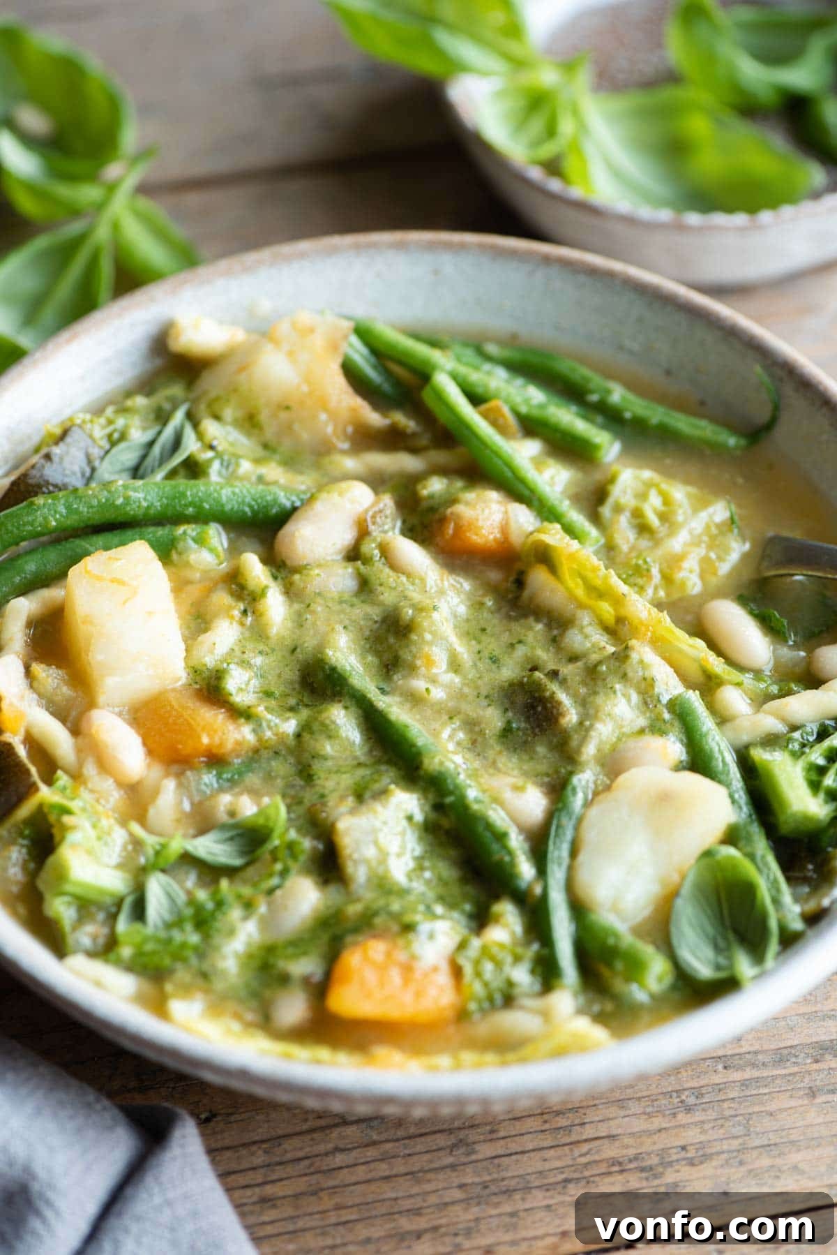 Taste of Liguria Fresh Pesto Minestrone 7 A close up of a bowl of minestrone soup with lots of mixed vegetables and basil pesto