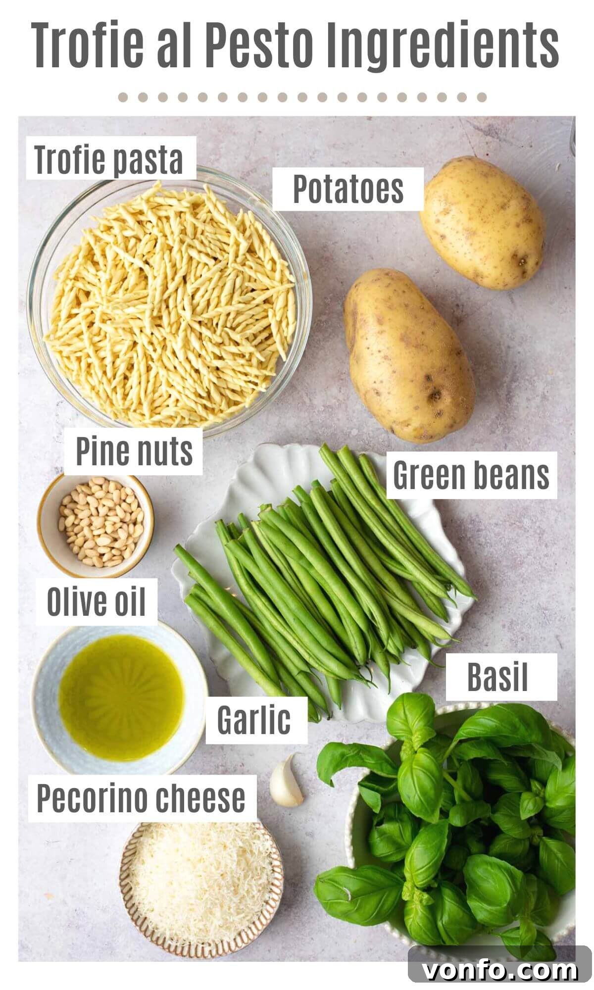 Trofie with Genovese Pesto, Hearty Potatoes, and Crisp Green Beans 3 An overhead shot of all the ingredients you need to make Trofie al Pesto pasta