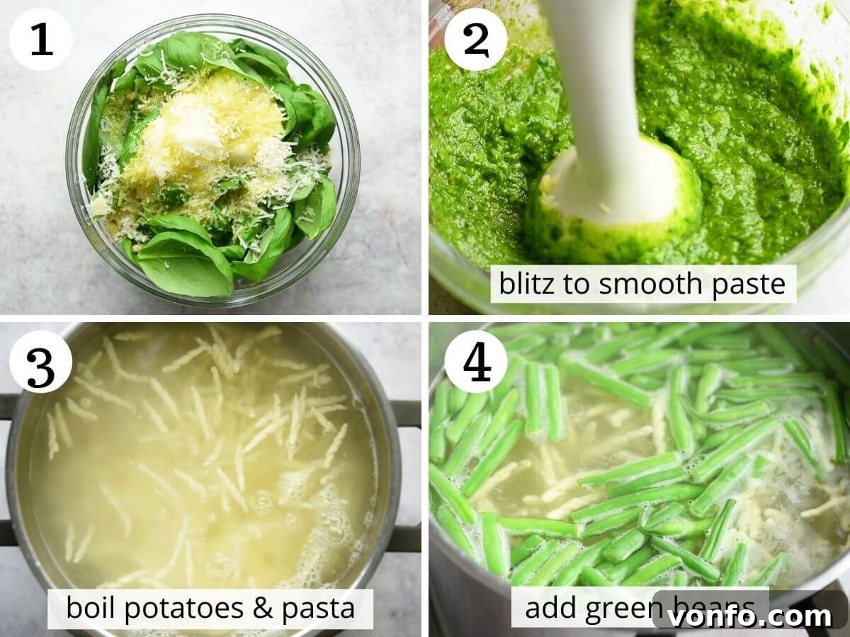 Trofie with Genovese Pesto, Hearty Potatoes, and Crisp Green Beans 4 Step by step photos showing how to make pesto and boil pasta, potatoes and green beans