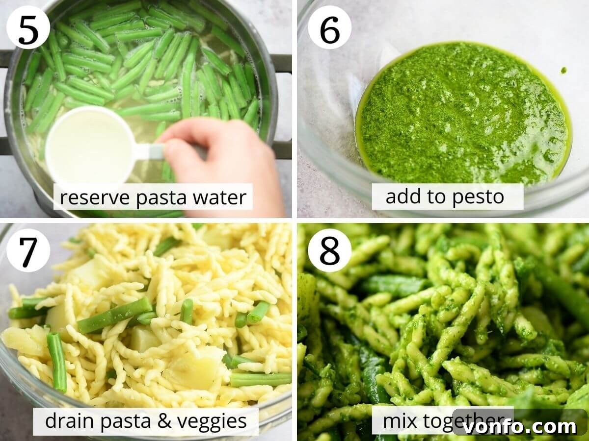 Trofie with Genovese Pesto, Hearty Potatoes, and Crisp Green Beans 5 Step by step photos showing how to make pesto pasta with potatoes and green beans