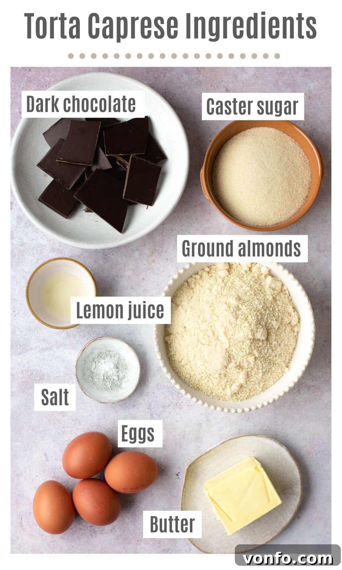 Decadent Flourless Torta Caprese: An Italian Chocolate Classic 3 An overhead shot of all the key ingredients laid out on a table, including dark chocolate, ground almonds, butter, eggs, and sugar, essential for making Torta Caprese.