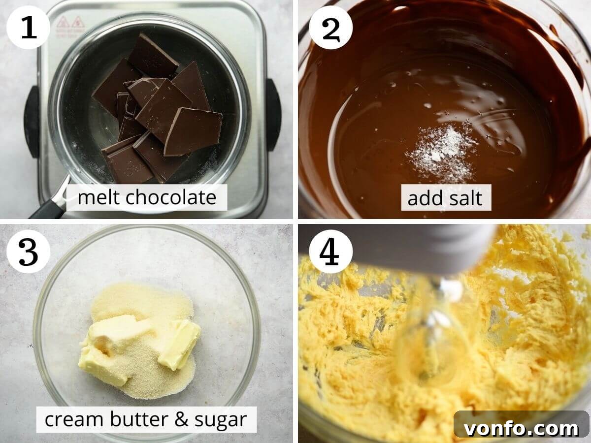 Decadent Flourless Torta Caprese: An Italian Chocolate Classic 4 Step-by-step photos illustrating the melting of dark chocolate over a double boiler and the creaming of butter and sugar until light and fluffy.