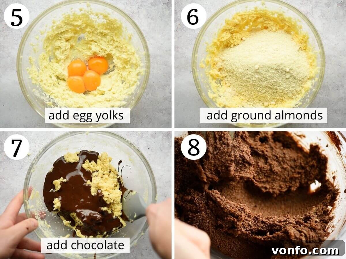 Decadent Flourless Torta Caprese: An Italian Chocolate Classic 5 Step-by-step photos demonstrating the process of adding egg yolks and ground almonds, followed by the melted chocolate, to create the Torta Caprese batter.