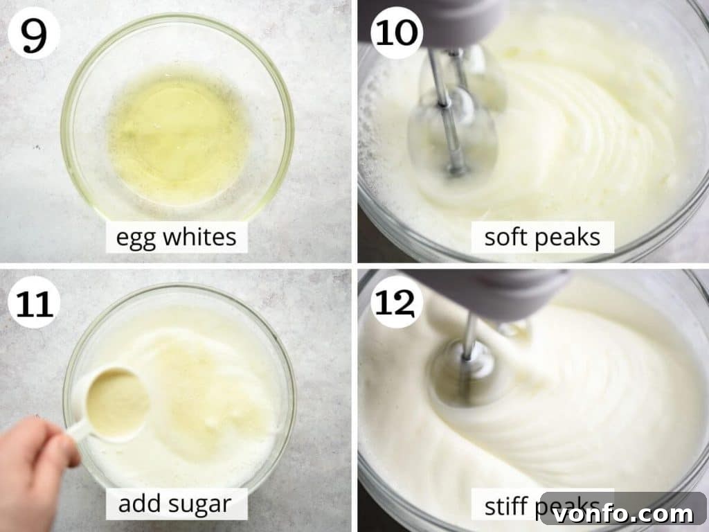 Decadent Flourless Torta Caprese: An Italian Chocolate Classic 6 Step-by-step photos showing the process of whipping egg whites with lemon juice and sugar until they form stiff, glossy peaks, crucial for the cake's texture.