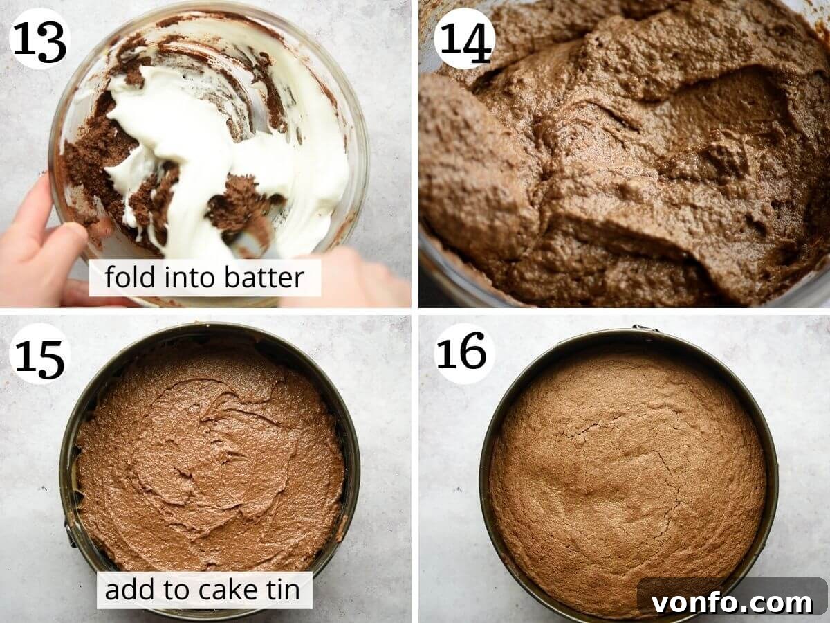 Decadent Flourless Torta Caprese: An Italian Chocolate Classic 7 Step-by-step photos detailing the gentle folding of whipped egg whites into the chocolate batter, transferring the mixture to a cake tin, and the baked Torta Caprese cooling.