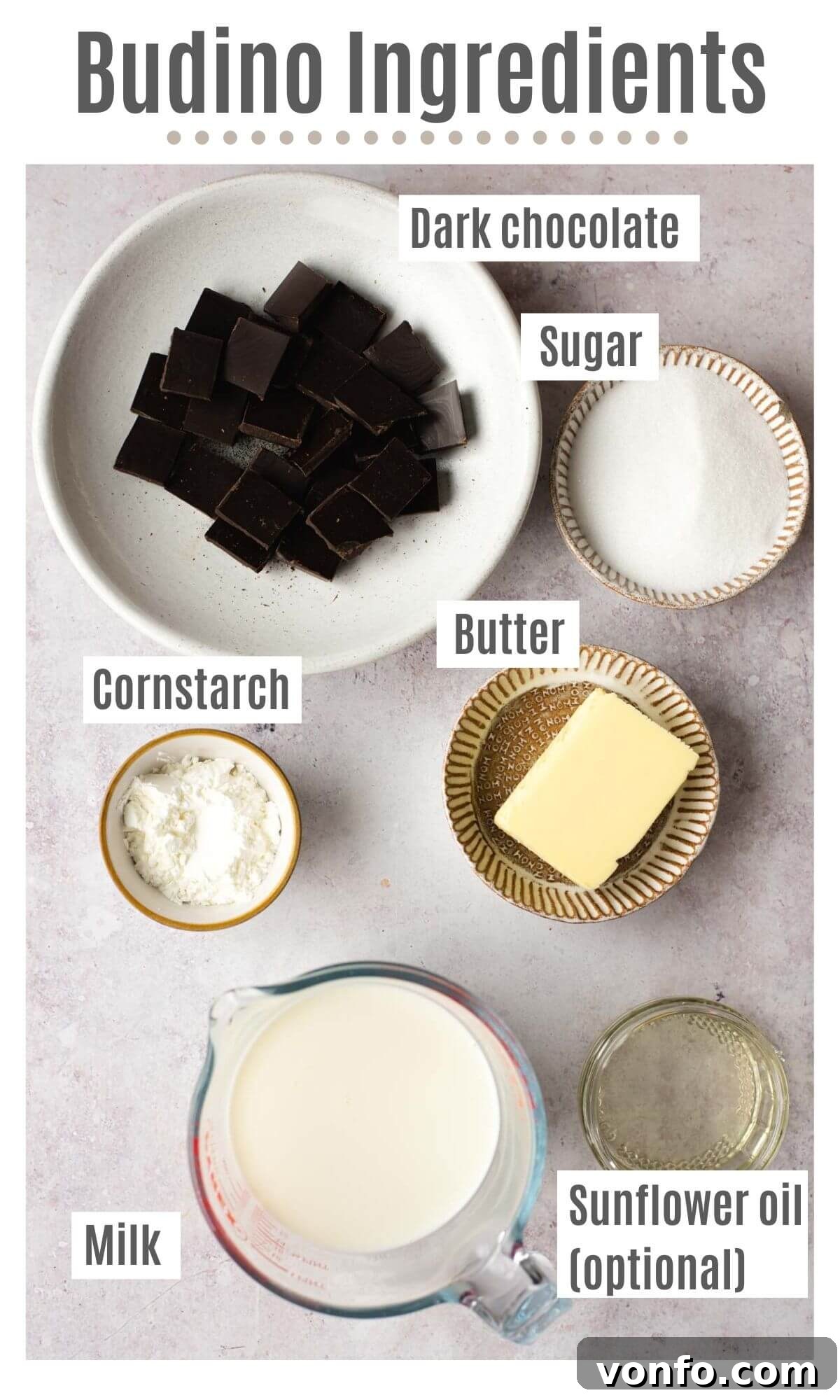 Decadent Chocolate Budino 3 An inviting overhead flat lay photograph showcasing all the fresh, high-quality ingredients required to prepare a delectable Chocolate Budino.
