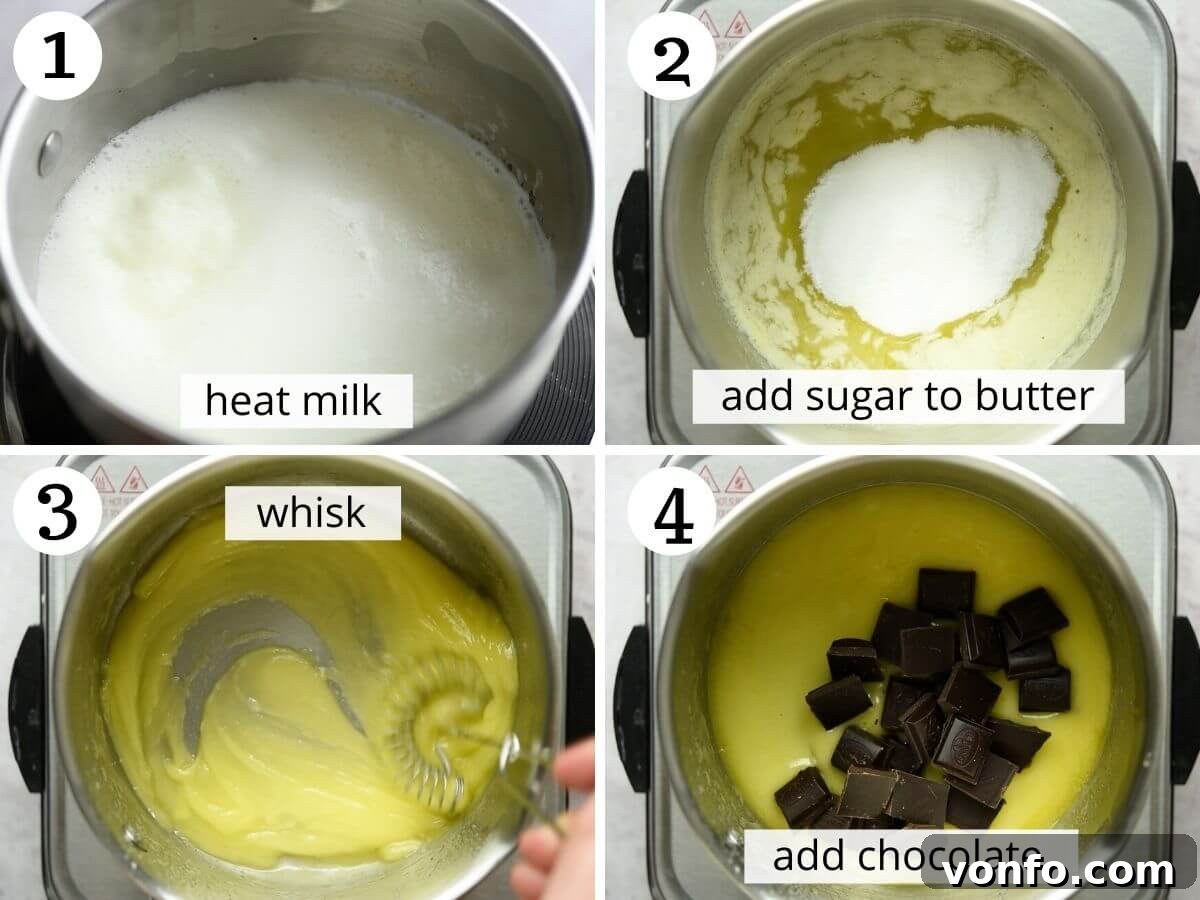 Decadent Chocolate Budino 4 A series of three step-by-step images illustrating the initial stages of preparing Chocolate Budino: heating milk, melting butter, and whisking butter with sugar to form a paste.