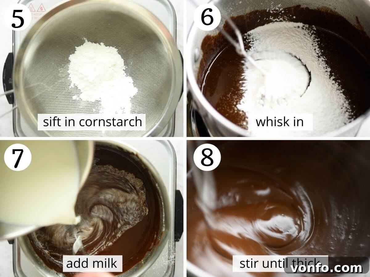 Decadent Chocolate Budino 5 A two-part step-by-step visual showing the Chocolate Budino mixture thickening to a rich, glossy consistency on the stovetop.