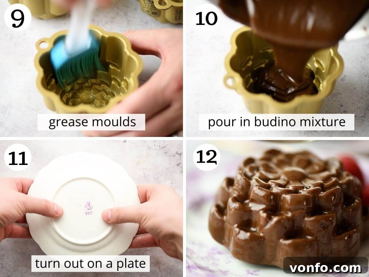 Decadent Chocolate Budino 6 A visual guide demonstrating the technique for unmolding chocolate budino from a decorative mould onto a serving plate.