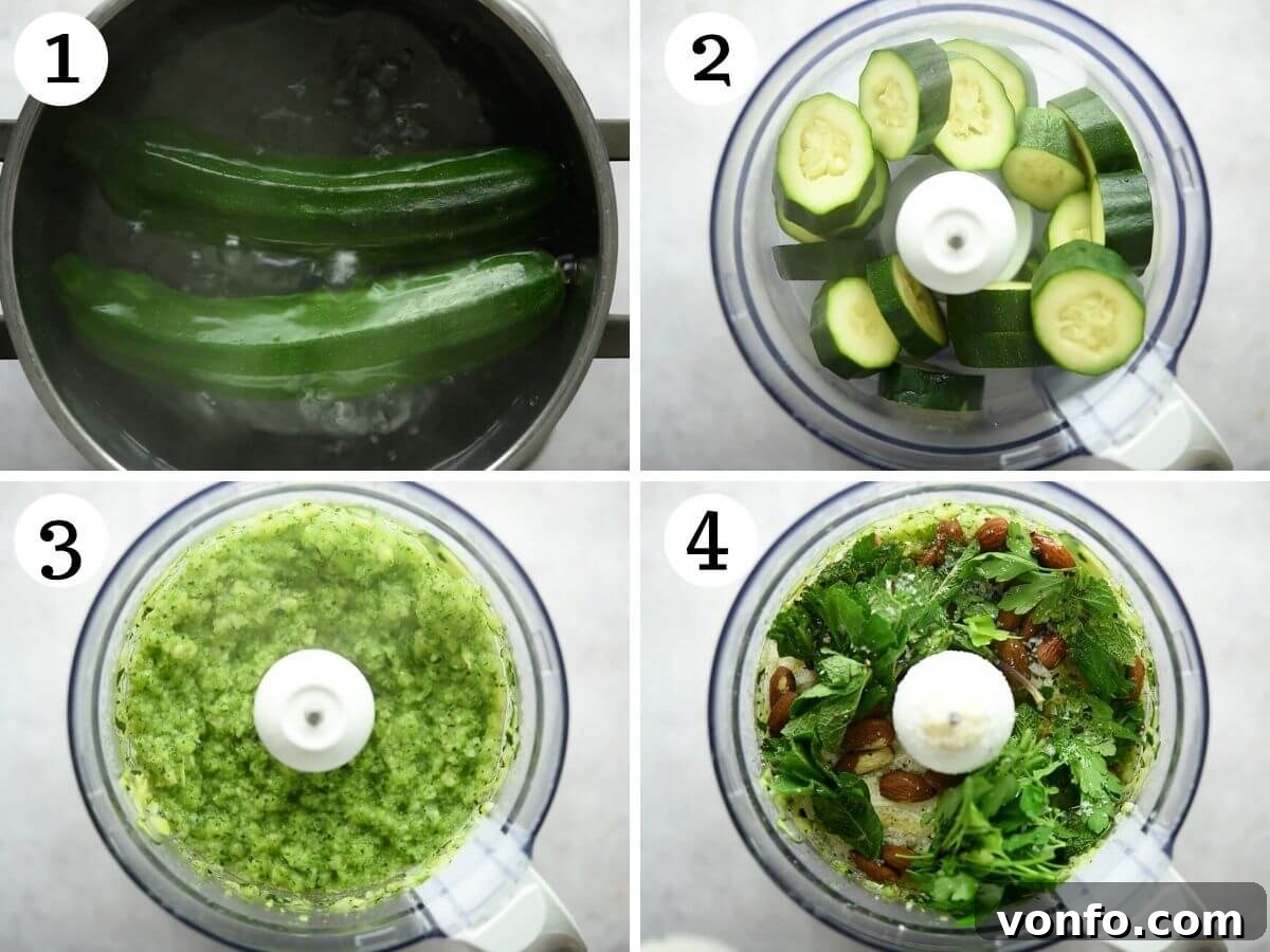 Garden Fresh Zucchini Pesto Pasta Simple and Satisfying 4 Step-by-step photos illustrating the process of preparing fresh zucchini pesto, showing blending and adding ingredients.