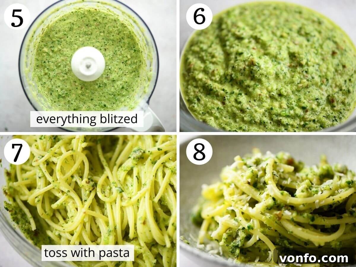 Garden Fresh Zucchini Pesto Pasta Simple and Satisfying 5 A sequence of images demonstrating how to combine the zucchini pesto with cooked pasta to create the final dish.