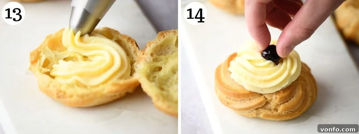 St Joseph Zeppole 8 Two photos showing how to fill zeppole with pastry cream and top with a cherry