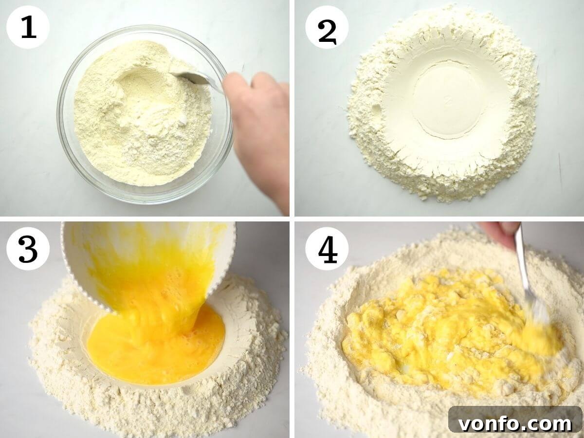 Fresh Tonnarelli: Handcrafted Chitarra Pasta 5 4 photos in a collage showing the process of mixing flour and creating a well for the eggs.