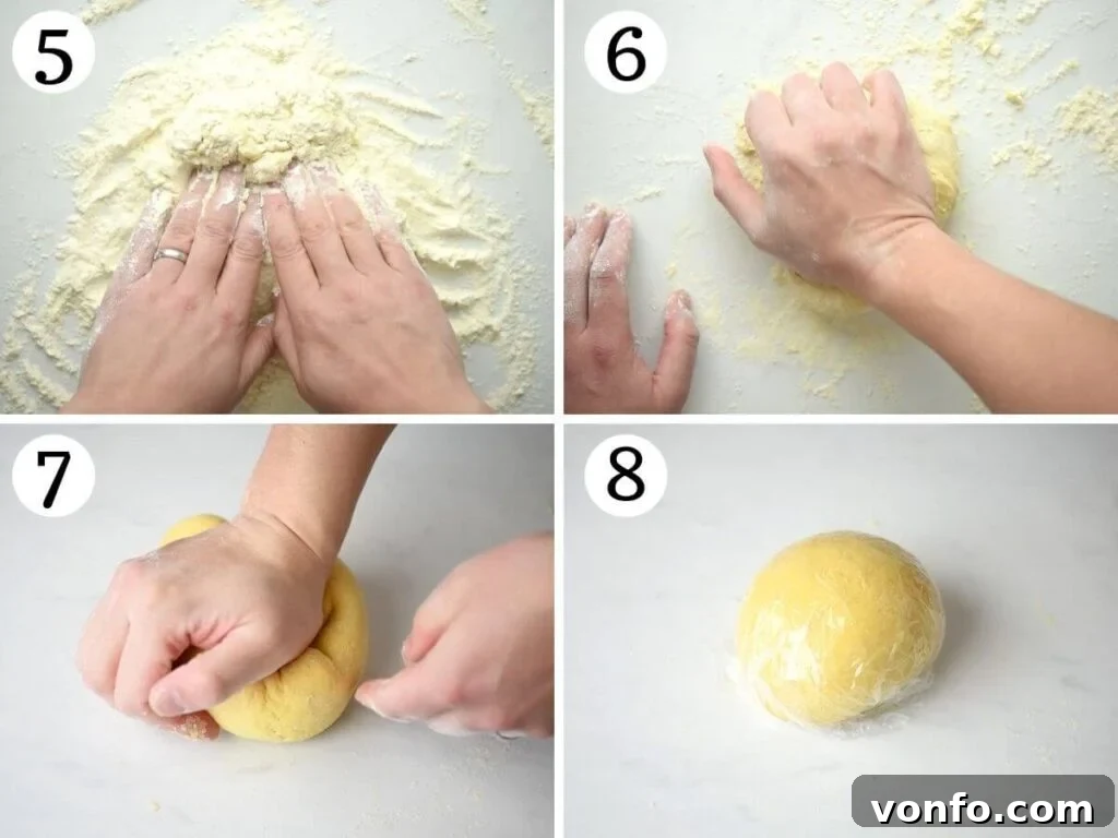 Fresh Tonnarelli: Handcrafted Chitarra Pasta 6 4 photos in a collage demonstrating the process of kneading the pasta dough until smooth and elastic.