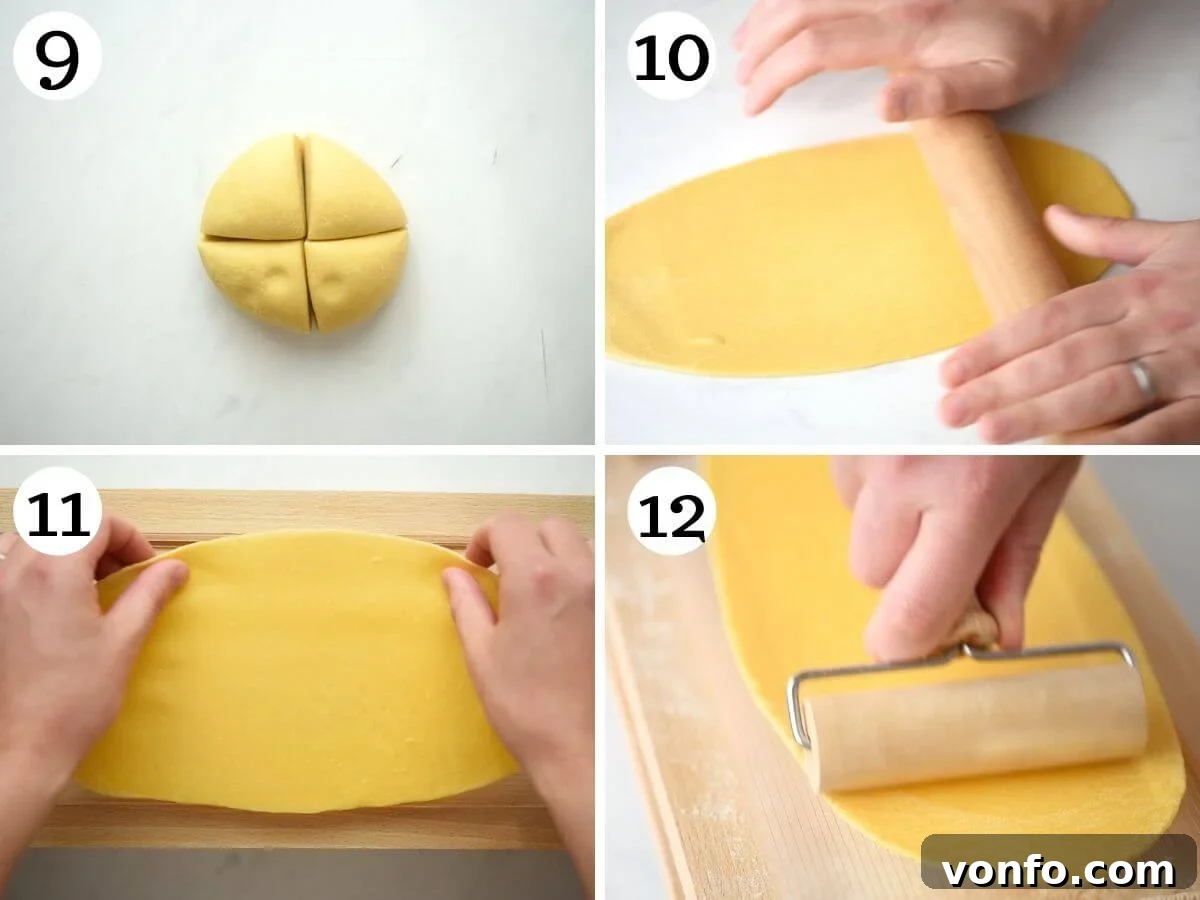 Fresh Tonnarelli: Handcrafted Chitarra Pasta 7 4 photos in a collage demonstrating how to roll out pasta dough and place it onto the chitarra tool.