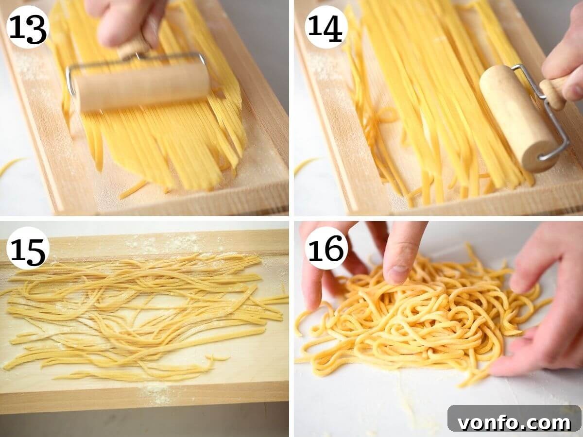 Fresh Tonnarelli: Handcrafted Chitarra Pasta 8 4 photos in a collage showing the tonnarelli being cut by the chitarra and then formed into nests.