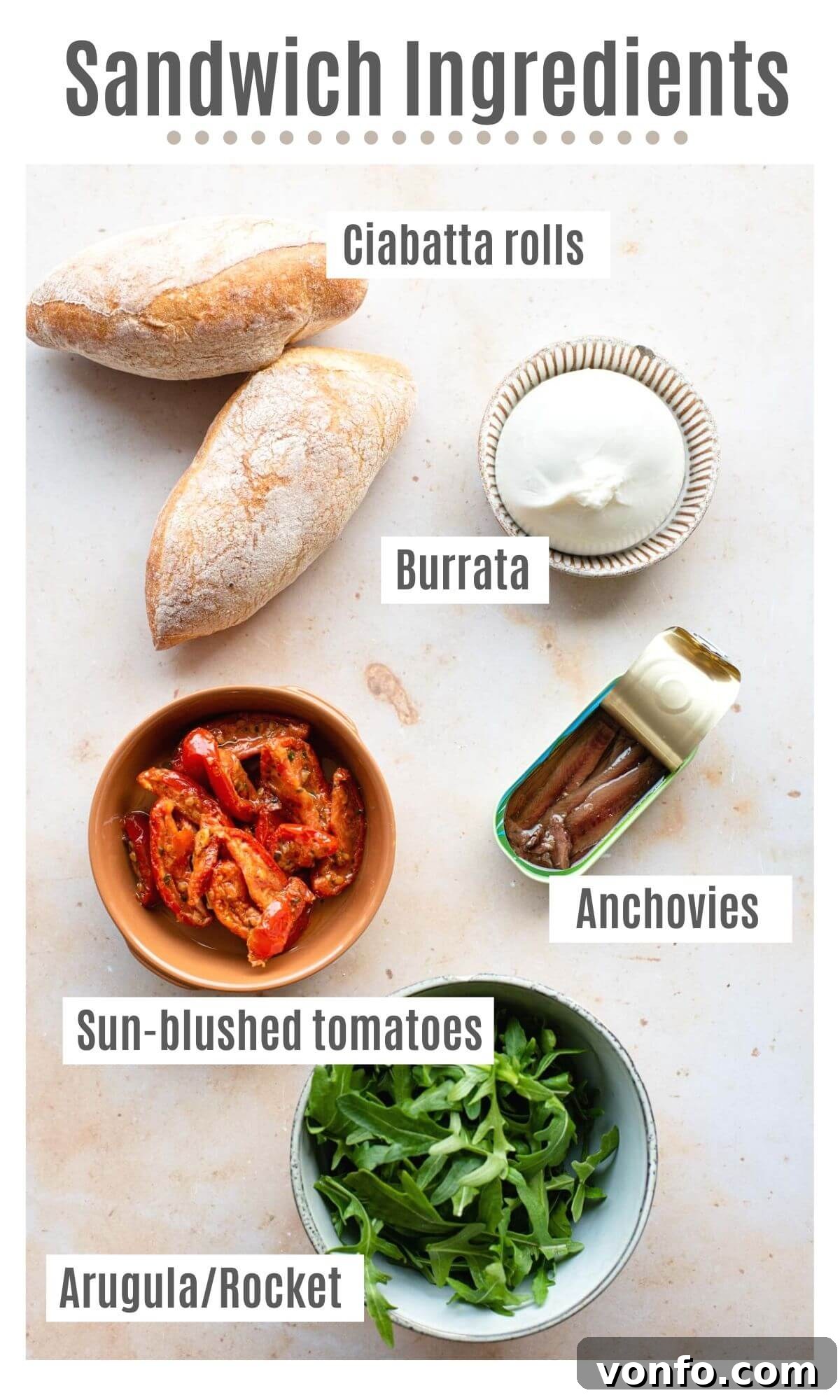 Amalfi Burrata and Anchovy Sandwich 3 An overhead shot of labelled ingredients that read; ciabatta rolls, burrata, sun-blushed tomatoes, anchovies and arugula/rocket, highlighting the fresh, vibrant components.