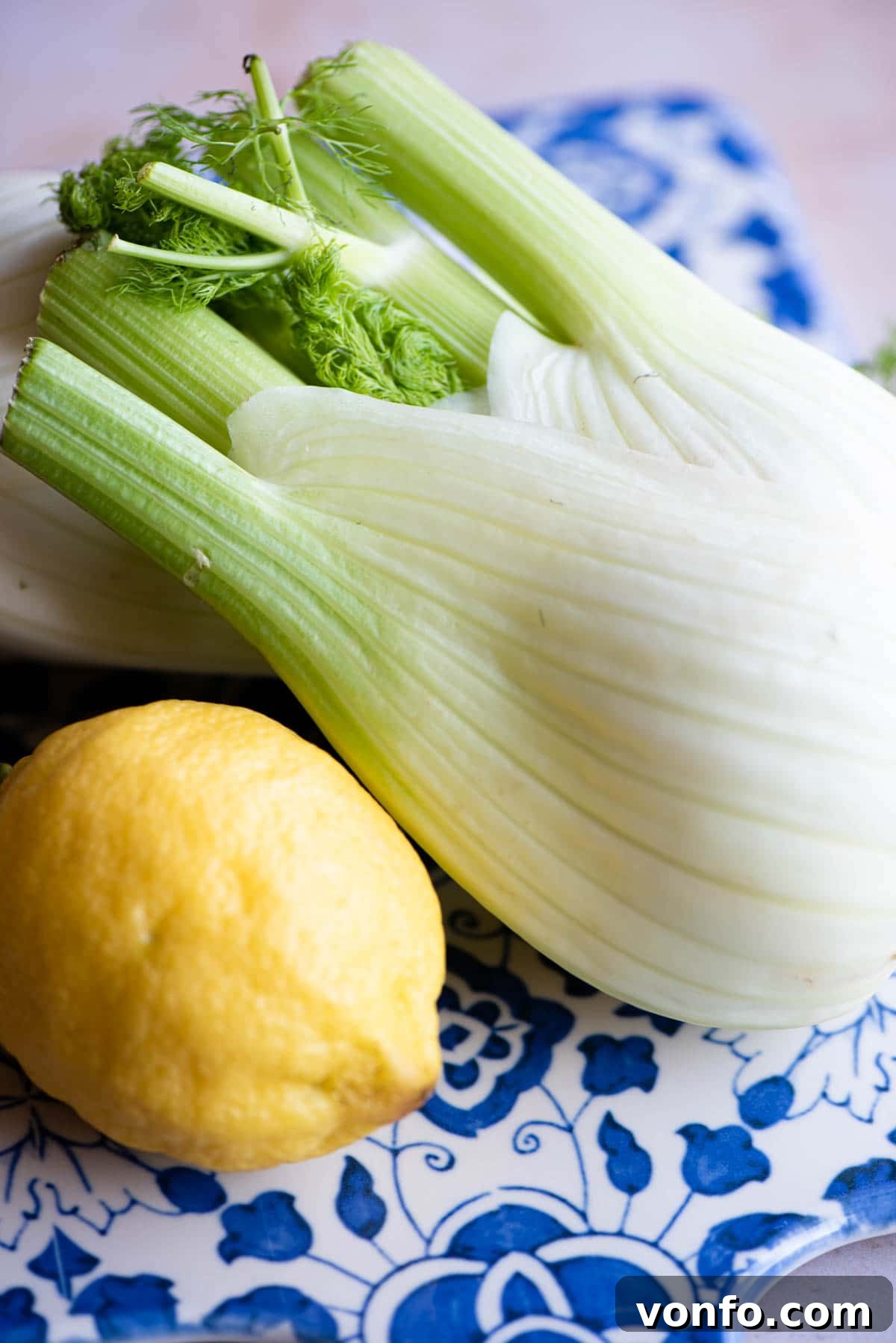 A close up shot of a fresh, firm fennel bulb alongside a whole, bright yellow lemon, ready for preparation.
