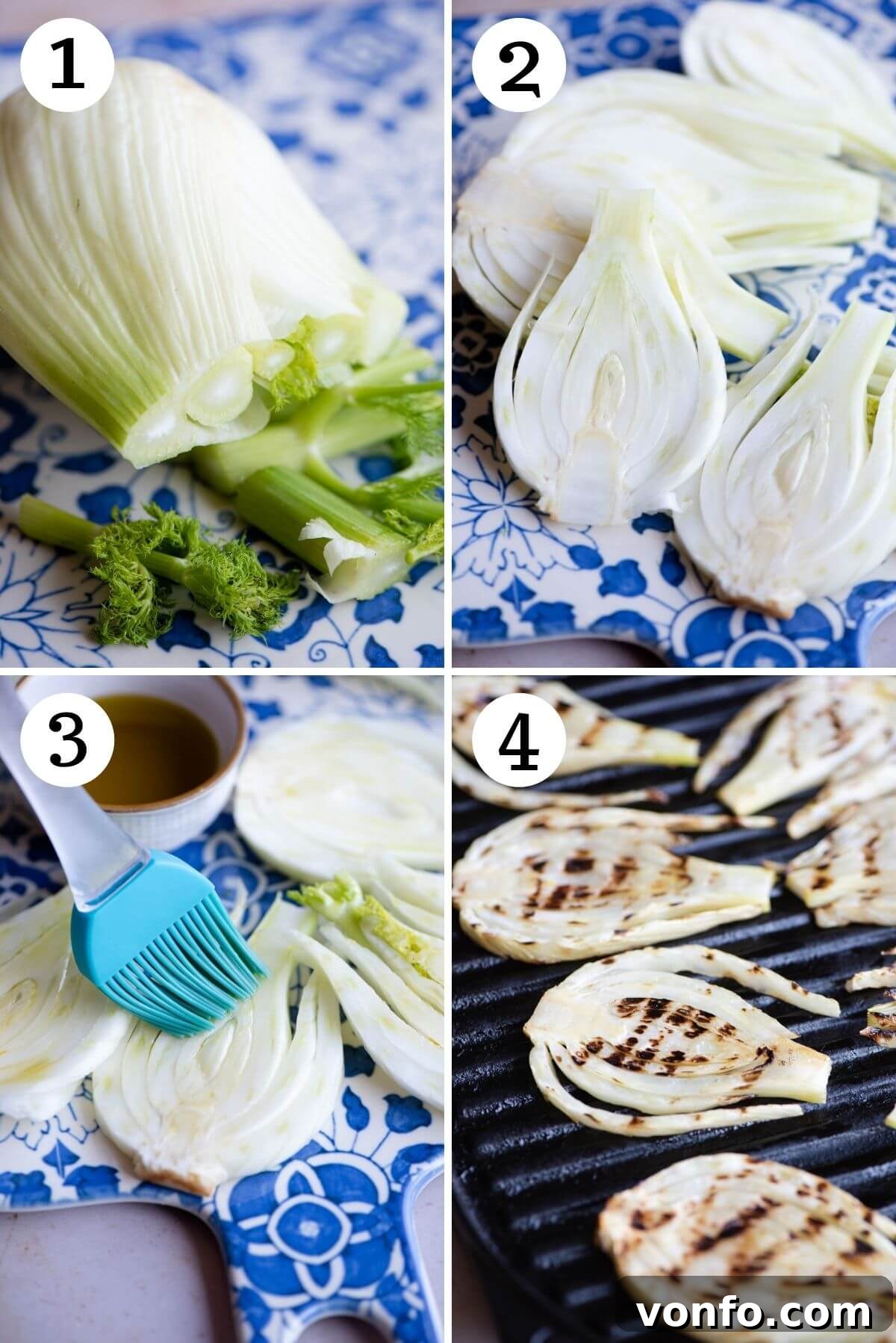 A collage of four photos illustrating the step-by-step process of preparing and grilling fennel. From cutting the bulb to oiling slices and finally charring on the grill.
