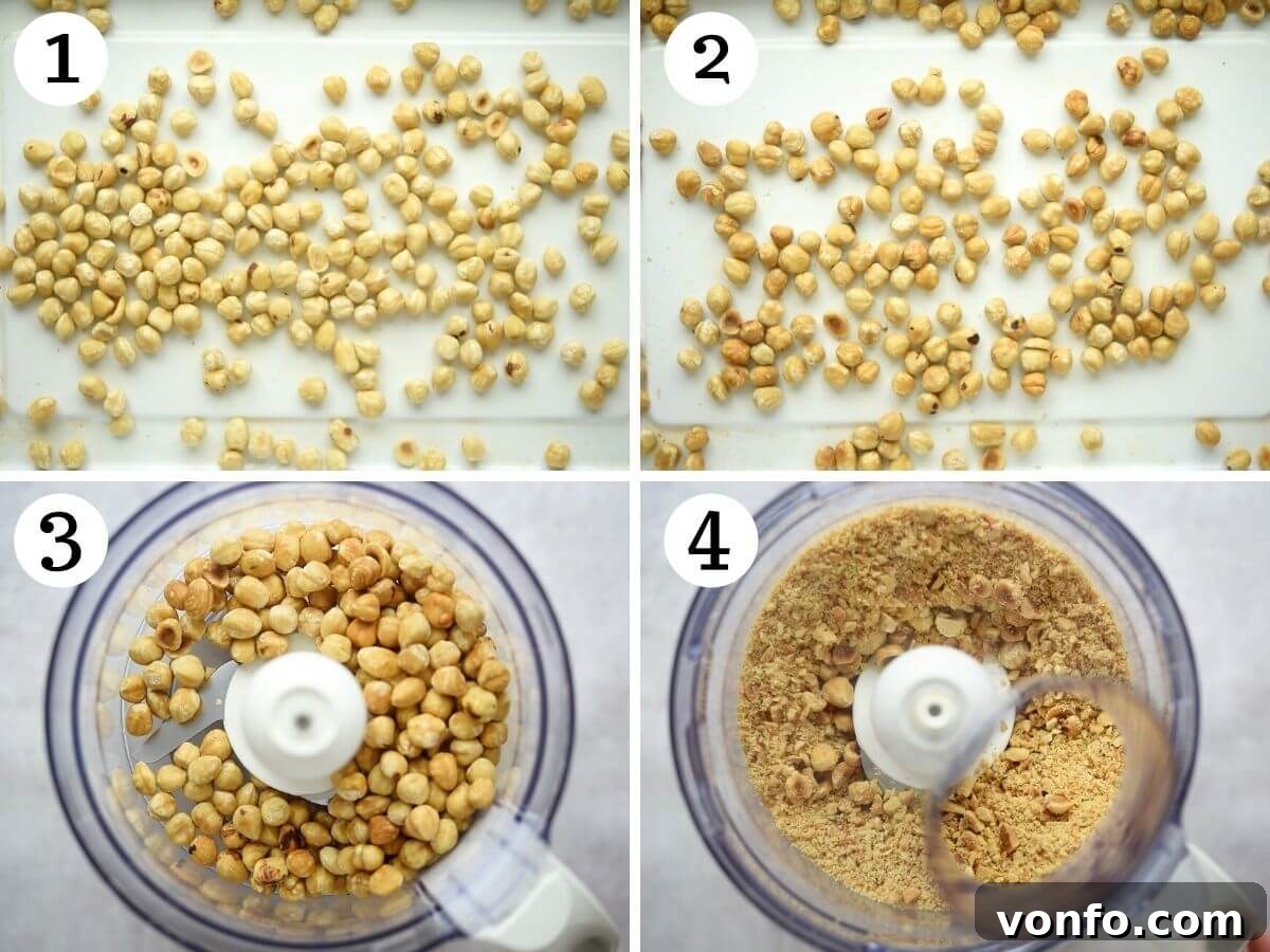 Four photos in a collage showing how to toast and blitz hazelnuts