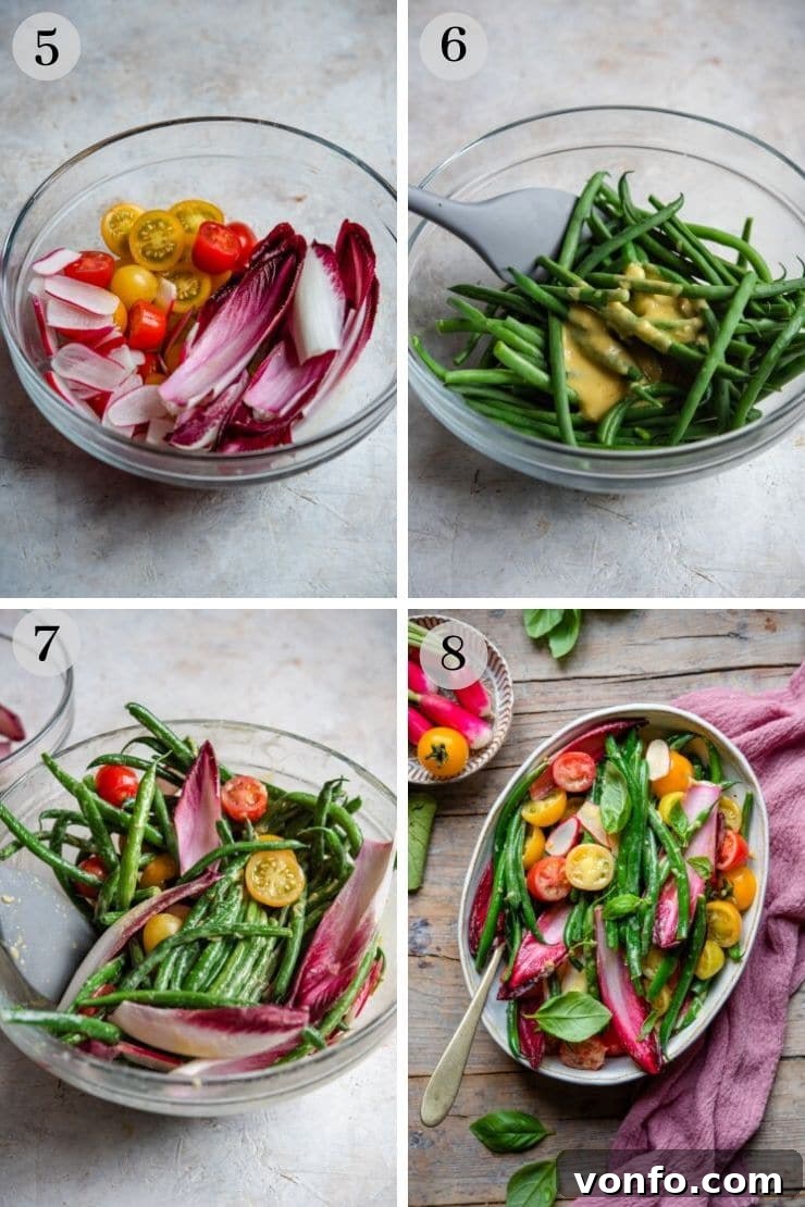Tossing and Serving Green Bean Salad Final step photos showcasing the fully assembled green bean salad, tossed with dressing and ready to be served in a rustic bowl.