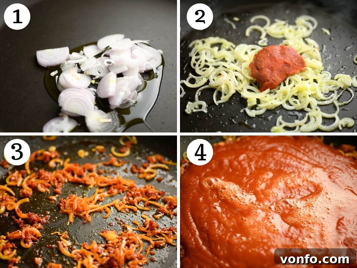 Spicy Nduja Orecchiette 4 Four photos in a collage showing how to fry shallots, Nduja and tomato passata to make a sauce