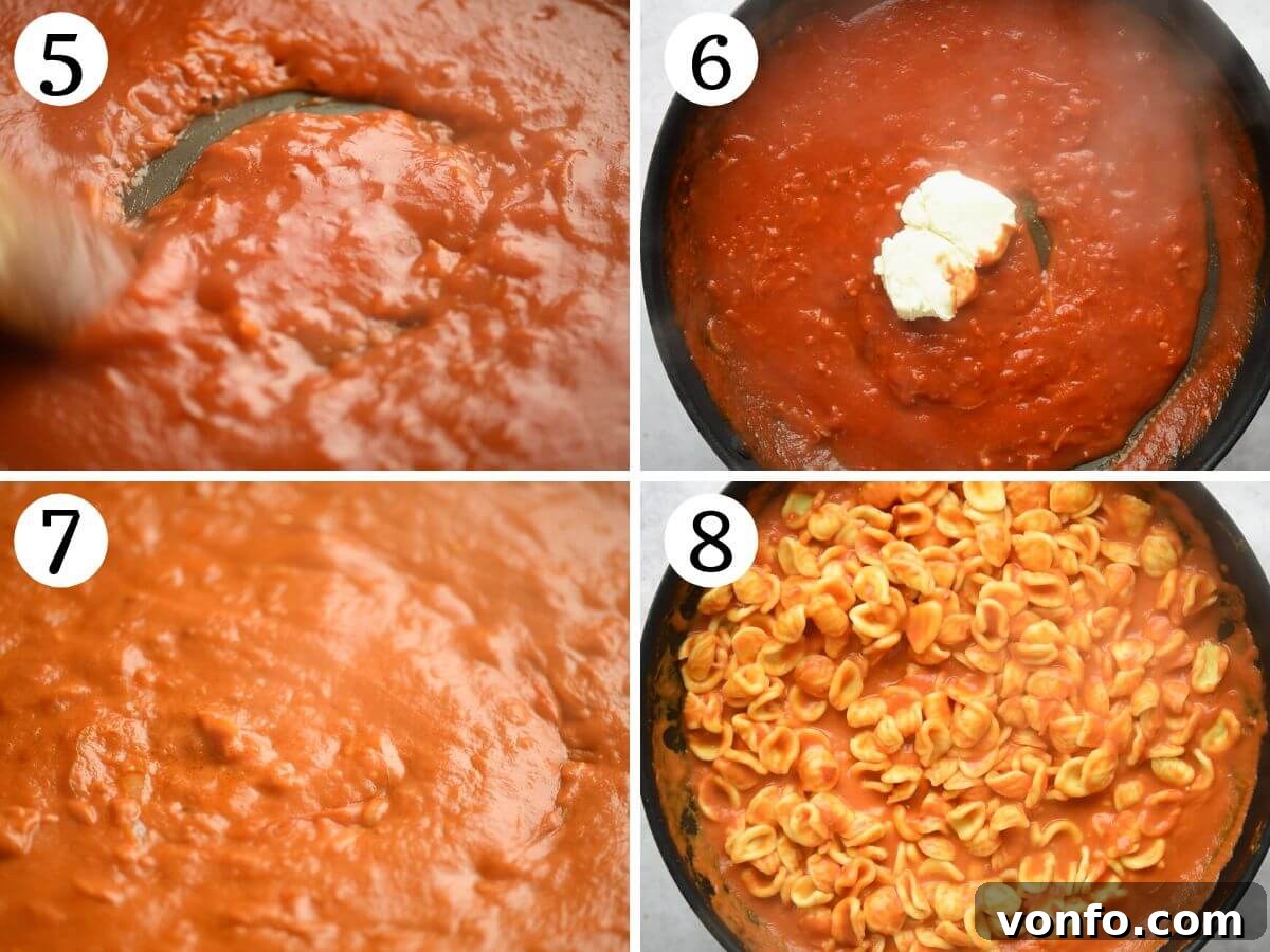 Spicy Nduja Orecchiette 5 Four photos in a collage showing how to make a creamy Nduja pasta sauce with orecchiette.