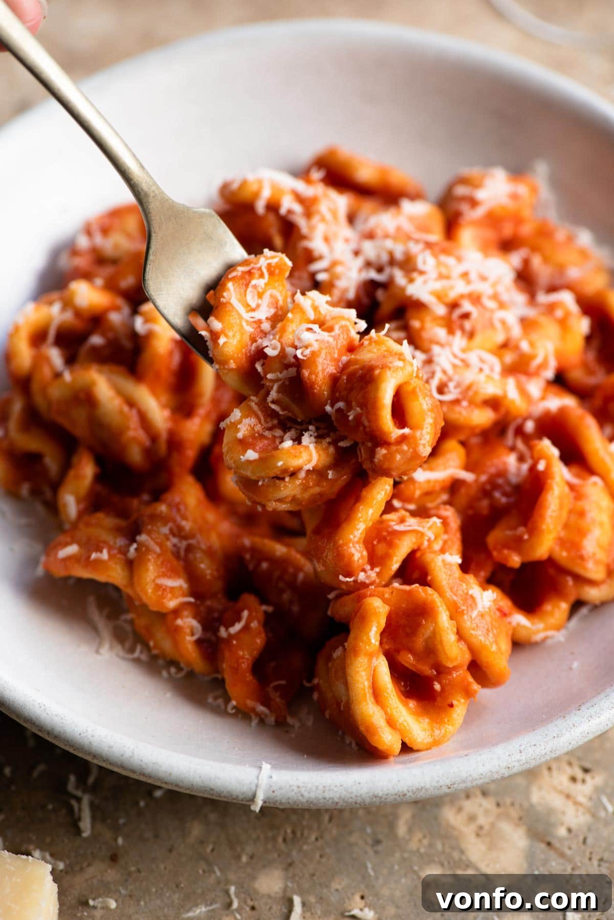 Spicy Nduja Orecchiette 6 A close up of a fork picking up some orecchiette with a cream tomato Nduja sauce from a bowl