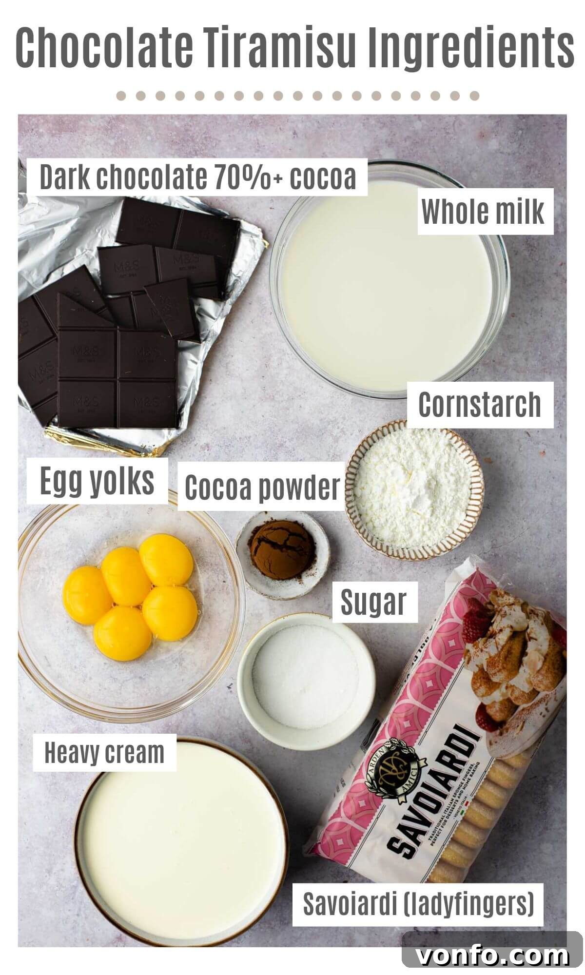 Divine Dark Chocolate Tiramisu 3 An overhead view showcasing all the ingredients required for chocolate tiramisu, neatly arranged on a surface. The ingredients include dark chocolate, whole milk, egg yolks, cornstarch, cocoa powder, sugar, heavy cream, and Savoiardi biscuits (ladyfingers).