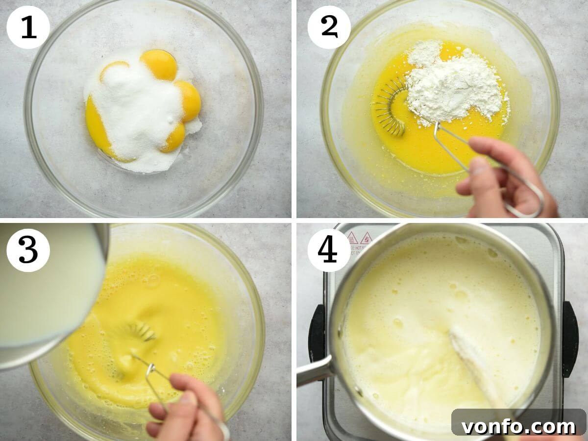 Divine Dark Chocolate Tiramisu 4 A four-photo collage illustrating the initial steps of making chocolate custard. It shows whisking egg yolks with sugar, then adding cornstarch, and heating milk in a saucepan.