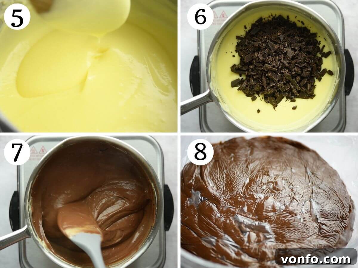 Divine Dark Chocolate Tiramisu 5 A four-photo collage demonstrating the process of making chocolate custard, showing how the egg and milk mixture thickens and the subsequent addition of dark chocolate.