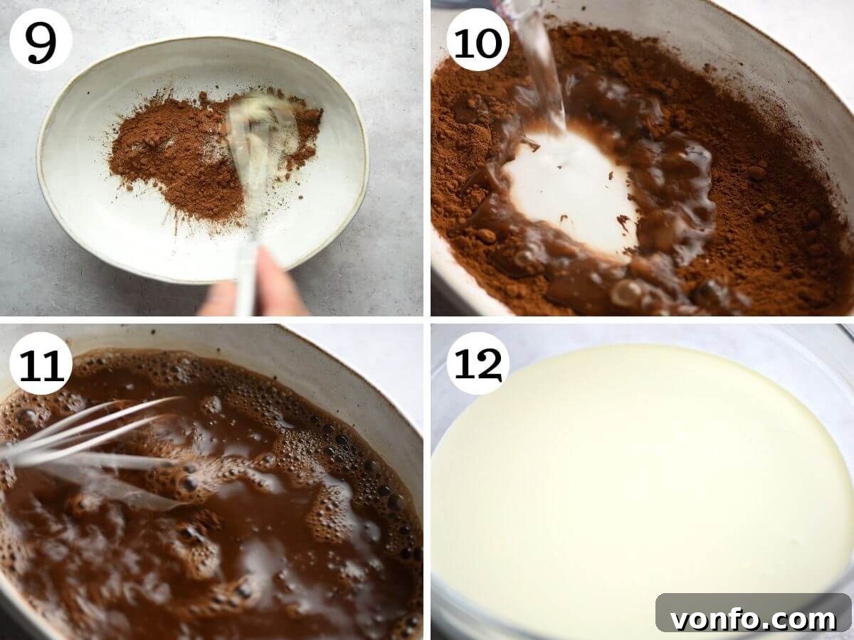 Divine Dark Chocolate Tiramisu 6 A four-photo collage demonstrating the preparation of the chocolate dipping liquid by mixing cocoa powder, sugar, and hot water. The fourth photo shows heavy cream in a bowl, ready for whipping.