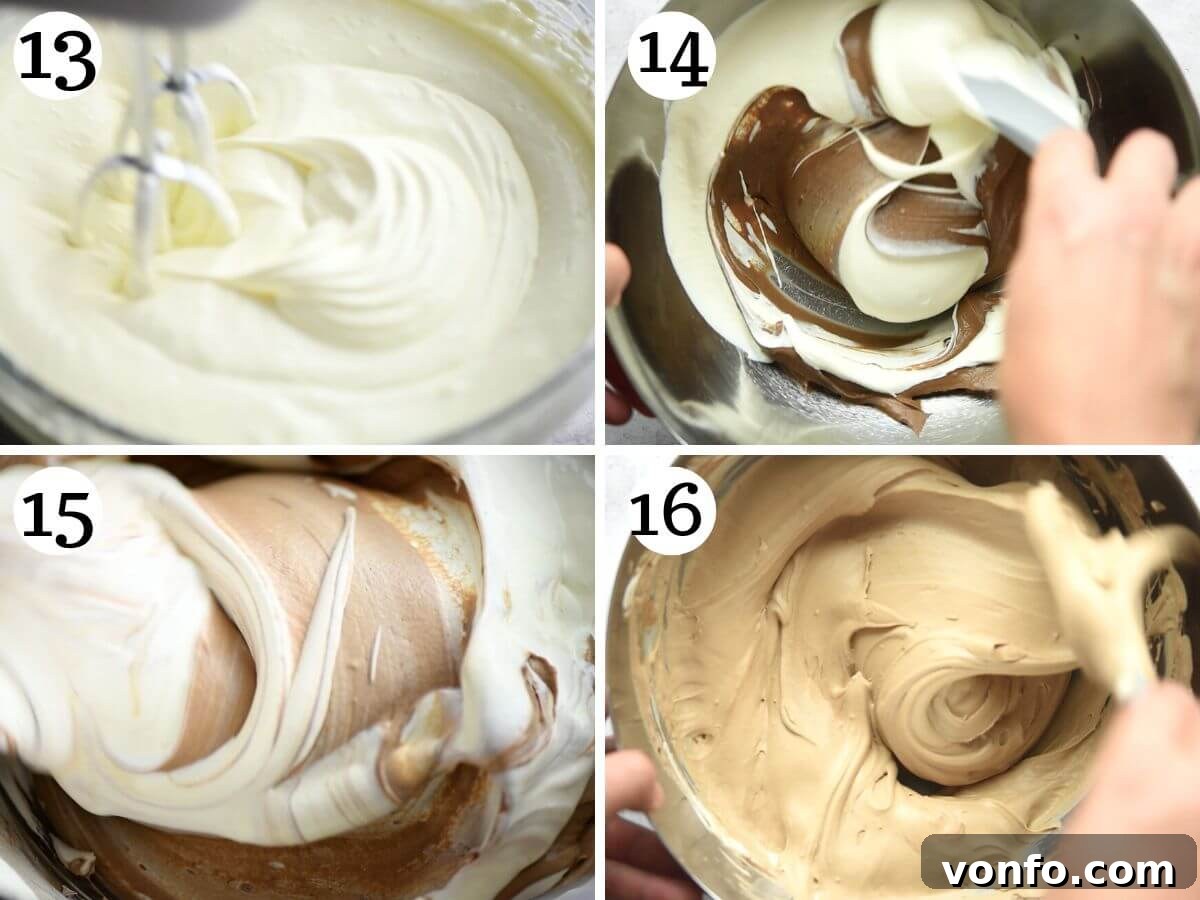 Divine Dark Chocolate Tiramisu 7 A four-photo collage demonstrating the creation of the chocolate filling for tiramisu, showing whipped cream being folded into cold chocolate custard.