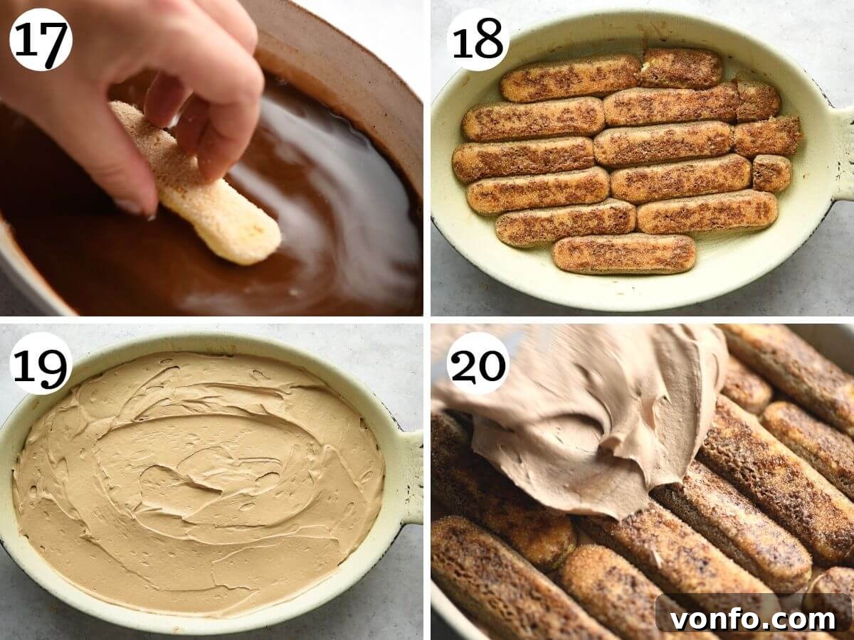 Divine Dark Chocolate Tiramisu 8 A four-photo collage showing the assembly process of a tiramisu, including dipping Savoiardi biscuits (Italian ladyfingers) in chocolate liquid and layering them in a dish.