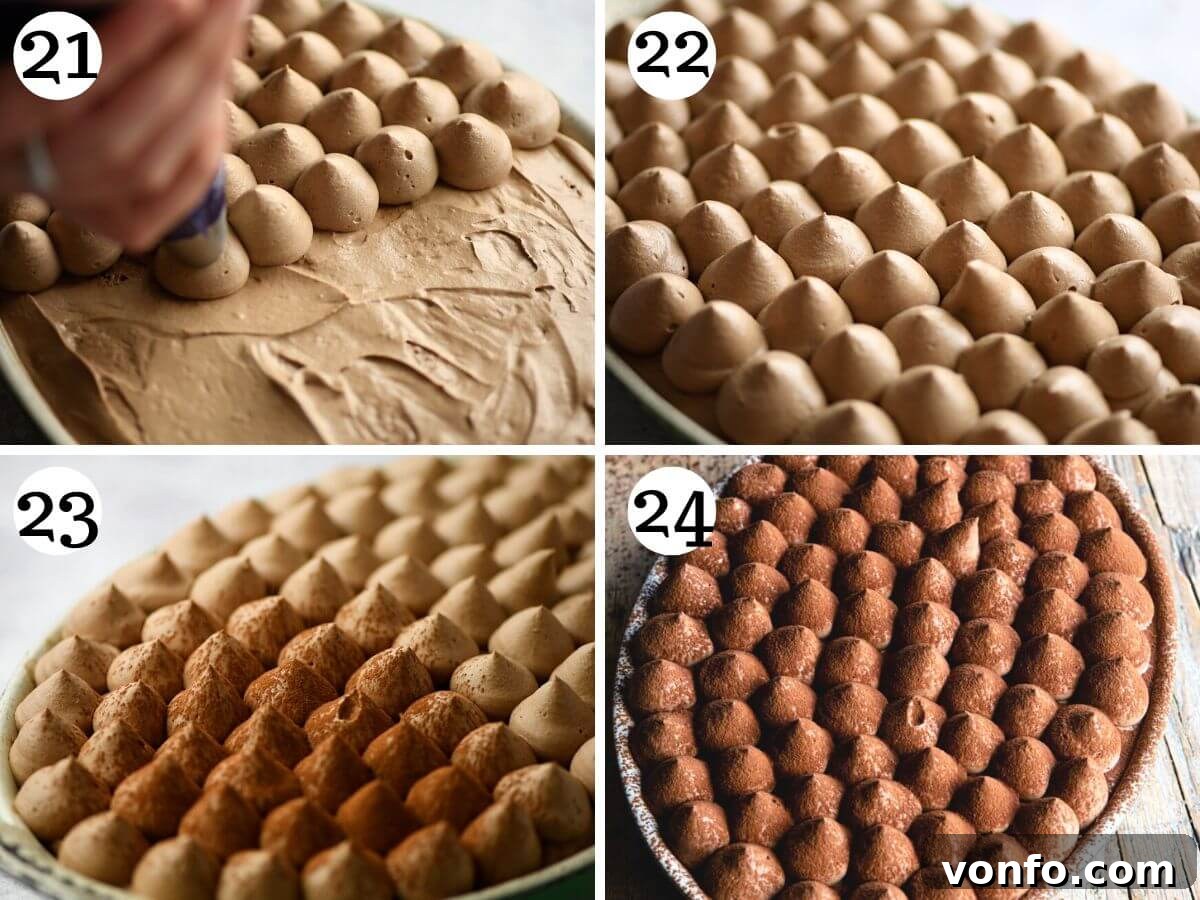 Divine Dark Chocolate Tiramisu 9 A four-photo collage illustrating the final steps of preparing tiramisu, demonstrating how to pipe chocolate cream on top and dust with cocoa powder before serving.