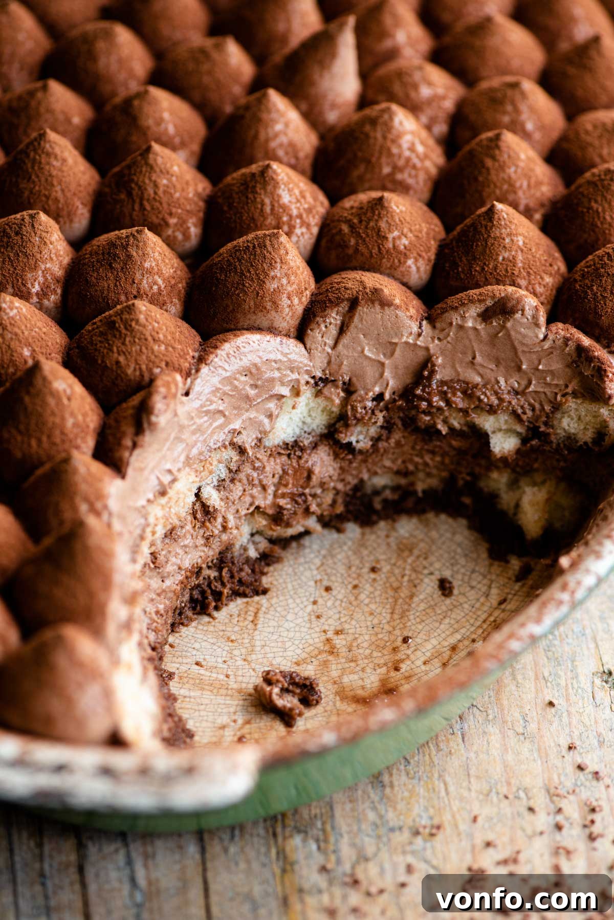 Divine Dark Chocolate Tiramisu 10 A close-up view of a chocolate tiramisu in an oval dish, with a scoop removed, beautifully revealing the distinct layers of smooth chocolate cream and sponge fingers.