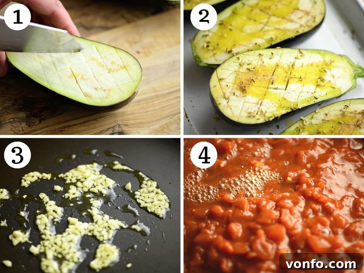 Mouthwatering Italian Eggplant Boats with Mozzarella and Tomato 4 A four-photo sequence showing how to prepare eggplant for roasting by scoring and seasoning, followed by steps to begin the tomato sauce with garlic and chopped tomatoes in a pan.