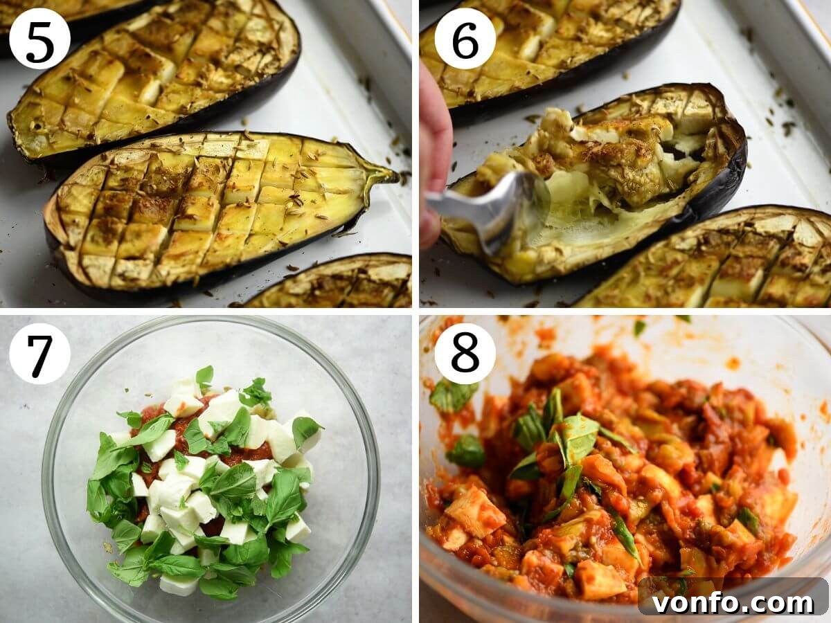 Mouthwatering Italian Eggplant Boats with Mozzarella and Tomato 5 A four-panel image demonstrating how to scoop the soft eggplant flesh from the roasted shells and then combine it in a mixing bowl with the tomato sauce, fresh basil, and chopped mozzarella.