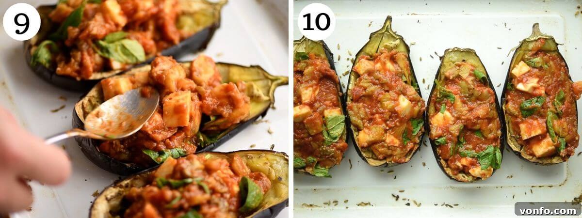 Mouthwatering Italian Eggplant Boats with Mozzarella and Tomato 6 Two sequential photos showing the process of filling the roasted eggplant shells with the prepared mixture and the final golden-brown, cheesy result after baking.